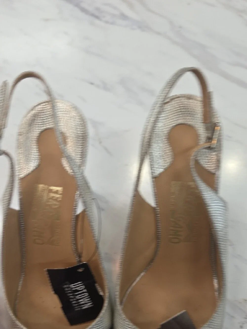 Salvatore Ferragamo Silver Slingback Peep-Toe Heels with Dark Bow